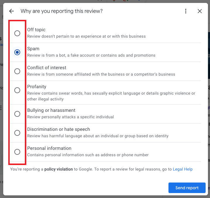 select flagging reason