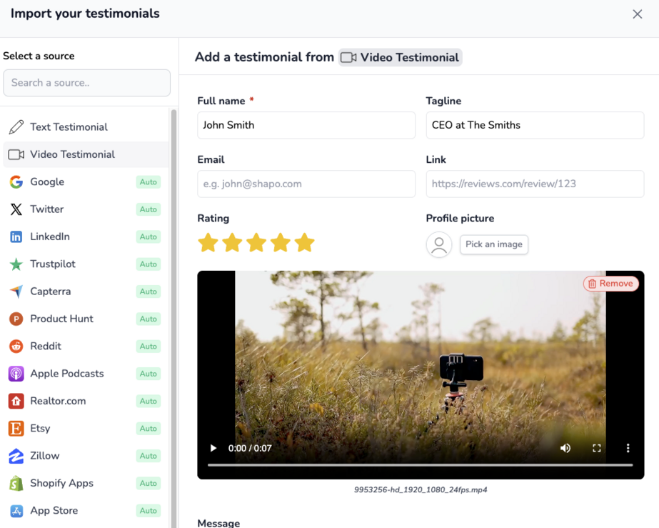 manually add video testimonials