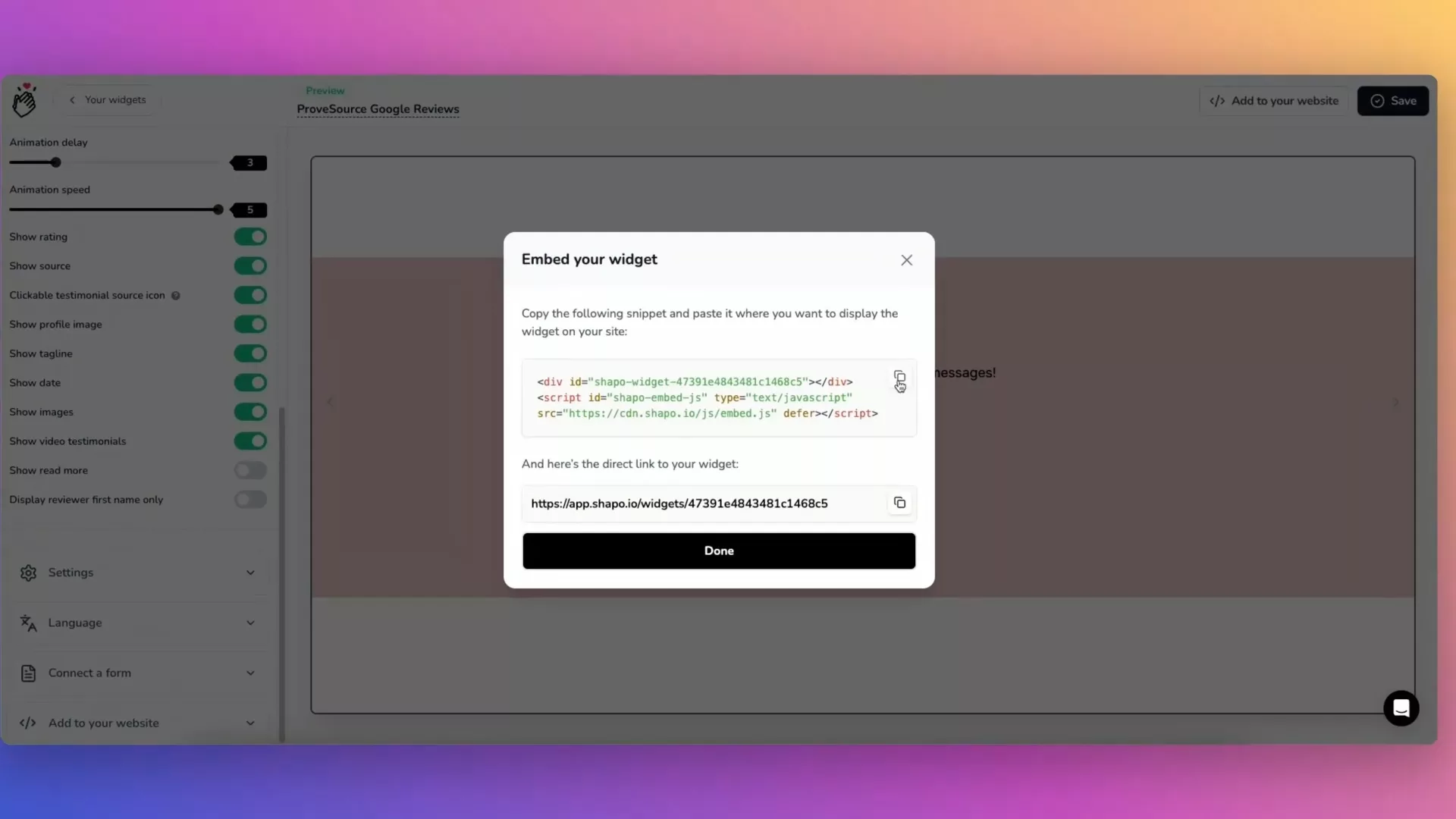 How to Add Google Reviews to Squarespace (No Code Needed – Free Widget Guide) 5 Copy your Google reviews widget embed code