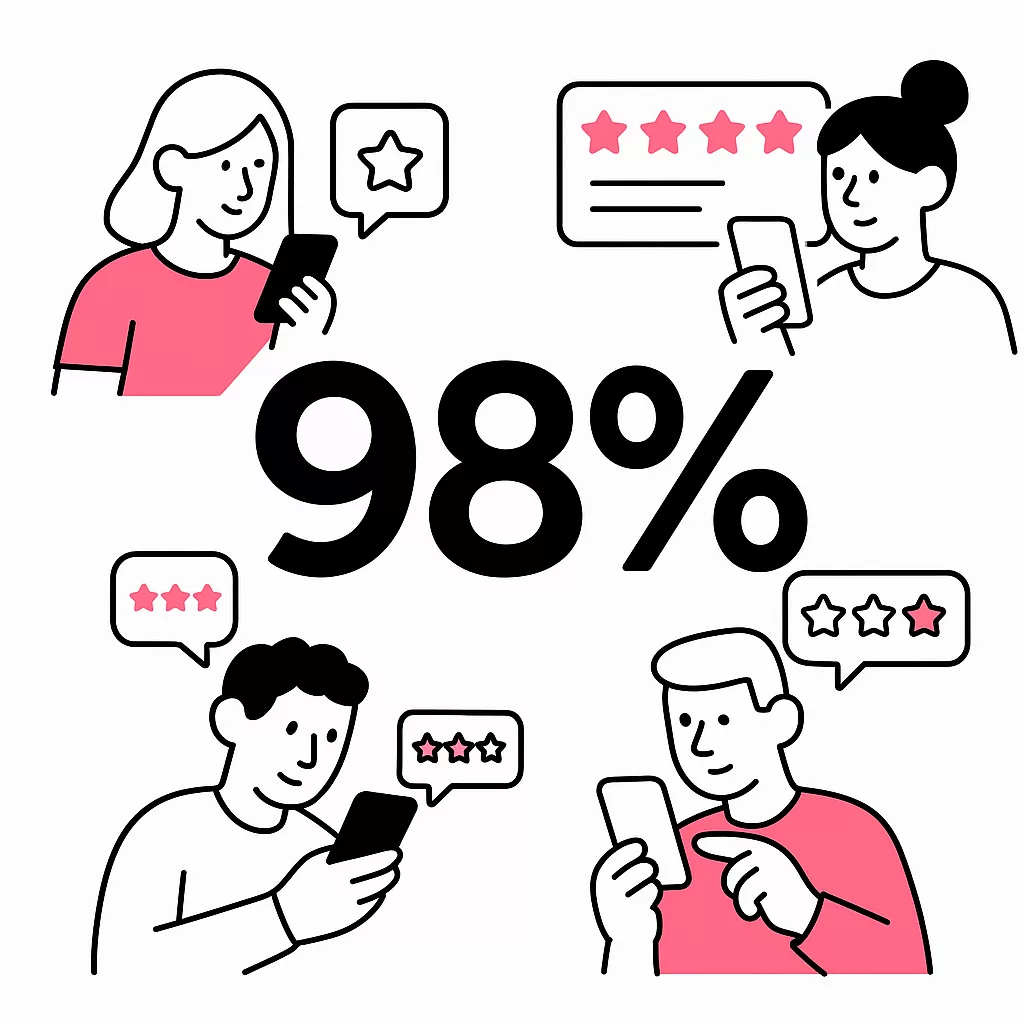 94 percent of people check reviews Illustration showing 98% of consumers reading online reviews on mobile devices
