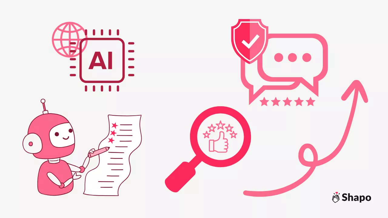 AI-Generated Reviews - The New Frontier of Deception Flat-style illustration showing a robot writing star reviews, with icons including a glitching review card, warning triangle, magnifying glass scanning stars, globe, rising arrow, and broken shield—depicting the rise of AI-generated fake reviews.
