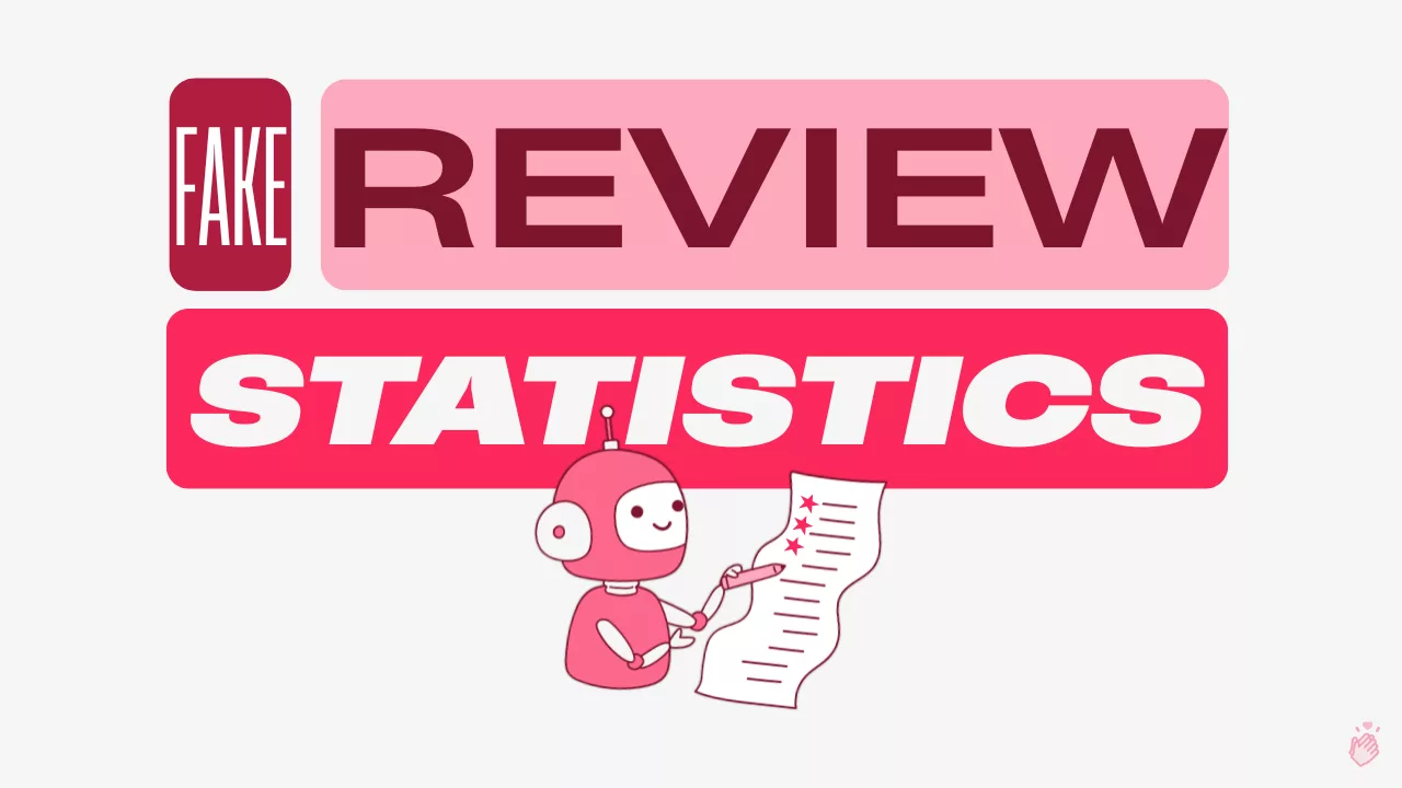 Featured image for ‘Fake Review Statistics’ showing bold stacked text—‘FAKE’ in a vertical red box, ‘REVIEW’ in dark red on pink, and ‘STATISTICS’ in white on red—with a cute pink robot writing star ratings on a long review sheet.