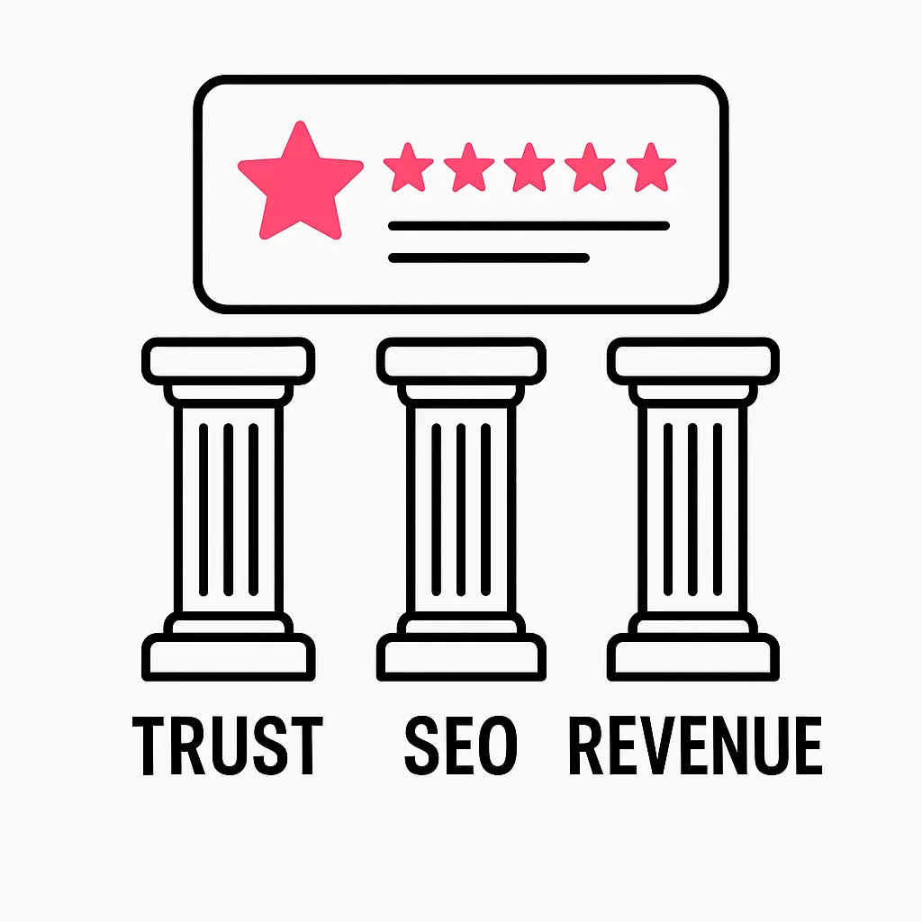 trust factors in google reviews Infographic showing Google reviews influence on trust, SEO, and revenue
