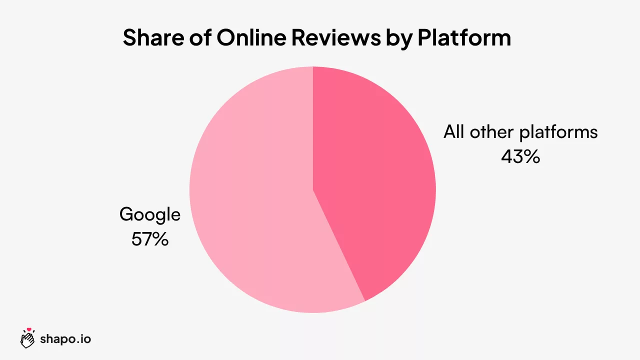 Pie chart showing share of online reviews by platform category (Google ~57-58%; combined others ~42-43%)