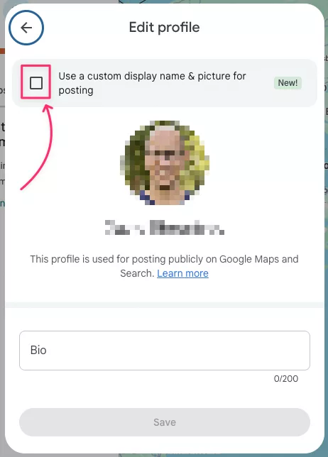 The "Edit profile" window in Google Maps with a pink arrow pointing to the checkbox labeled "Use a custom display name & picture for posting."