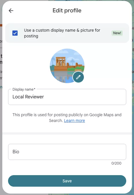 The "Edit profile" form showing a custom profile picture selected and the name "Local Reviewer" typed into the Display name field.