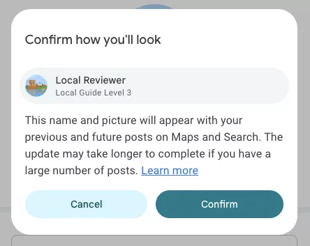 A confirmation pop-up window titled "Confirm how you'll look" displaying the new "Local Reviewer" alias and avatar next to a "Confirm" button.