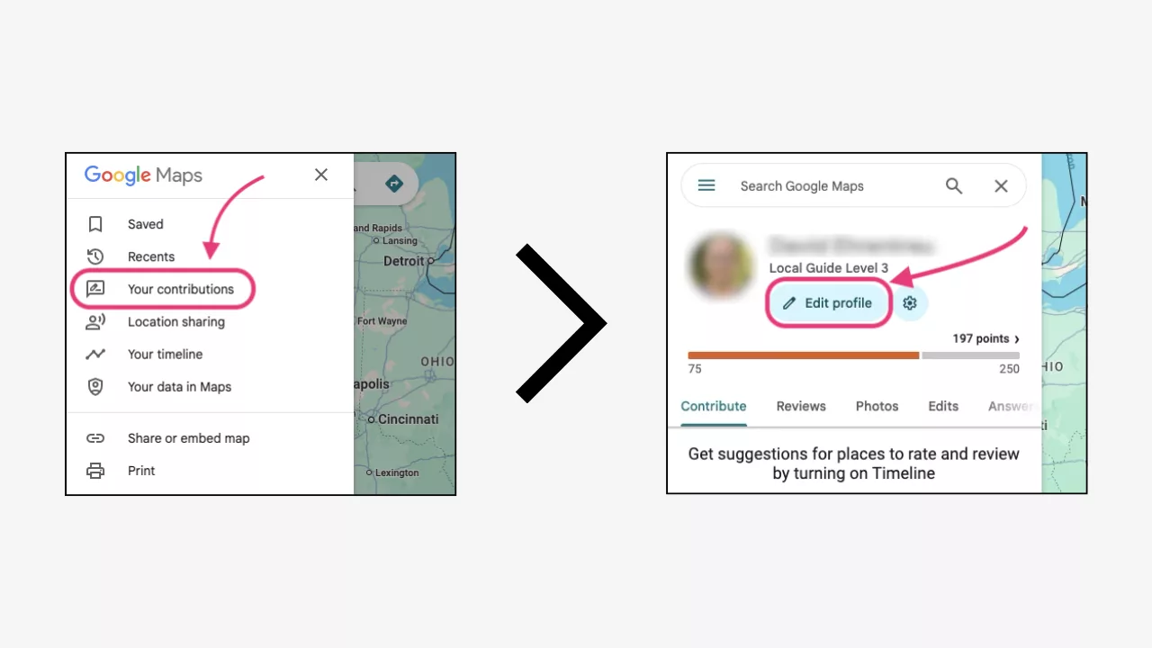 A two-step diagram showing the Google Maps sidebar menu with "Your contributions" highlighted, pointing to the next screen where the "Edit profile" button is highlighted.