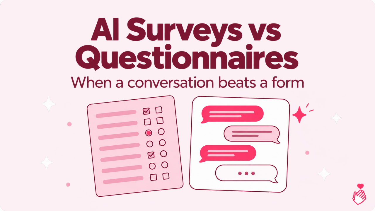 A long checkbox questionnaire beside a short chat conversation