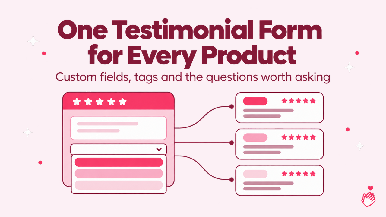 A testimonial form with a product dropdown feeding three tagged review cards