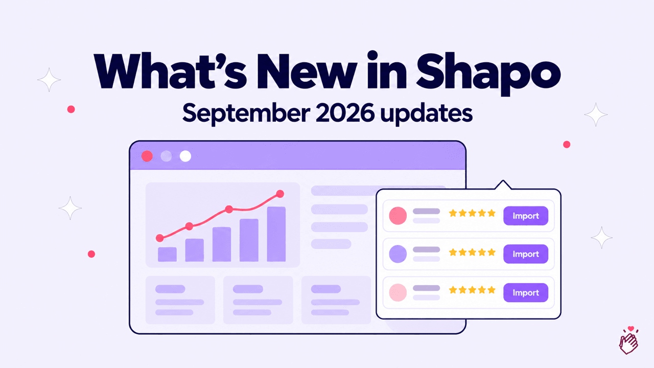What's new in Shapo, September 2026: an analytics chart beside a review import card