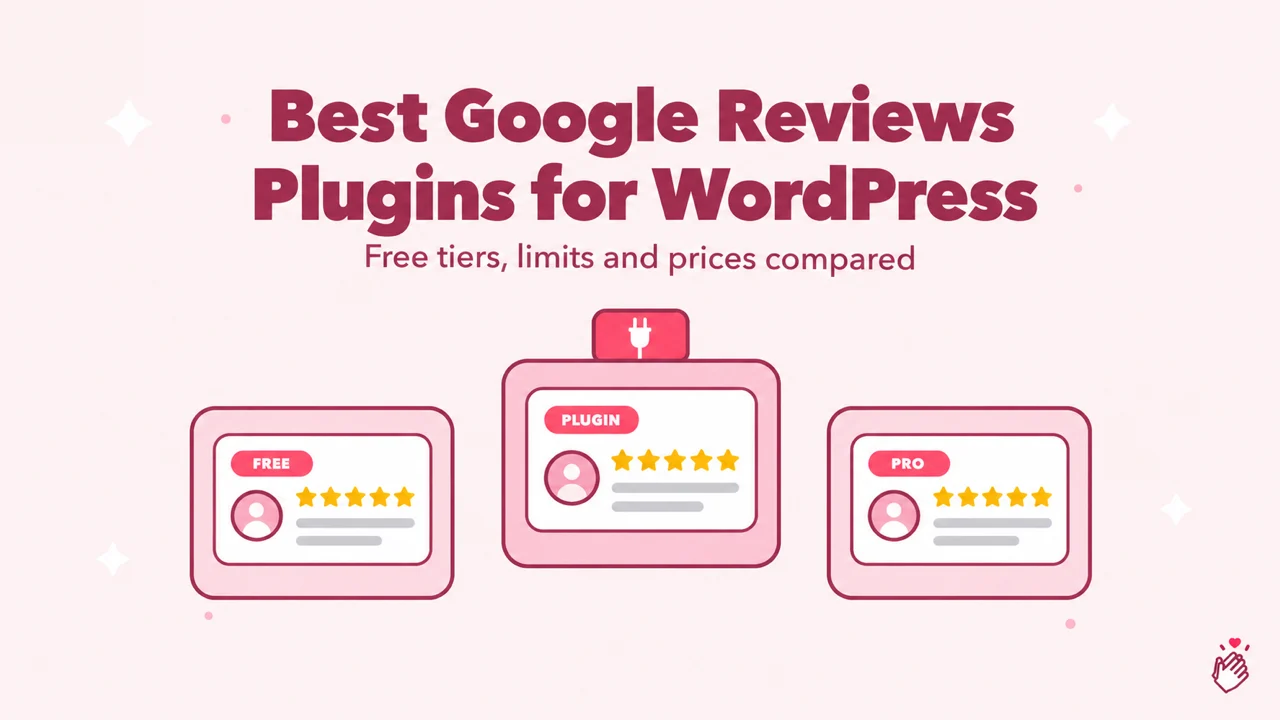 Three review widget cards labelled Free, Plugin and Pro under the title Best Google Reviews Plugins for WordPress