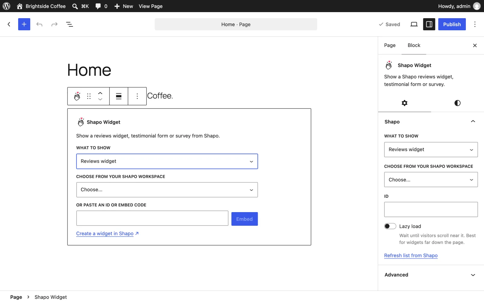 A new Shapo Widget block in the WordPress editor with the What to show menu set to Reviews widget and a list to choose a widget from the Shapo workspace