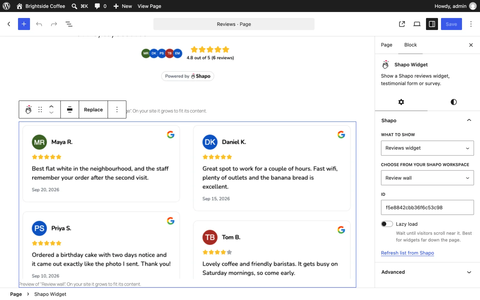 The WordPress block editor showing a live preview of Google review cards inside the Shapo Widget block, with the block settings in the sidebar