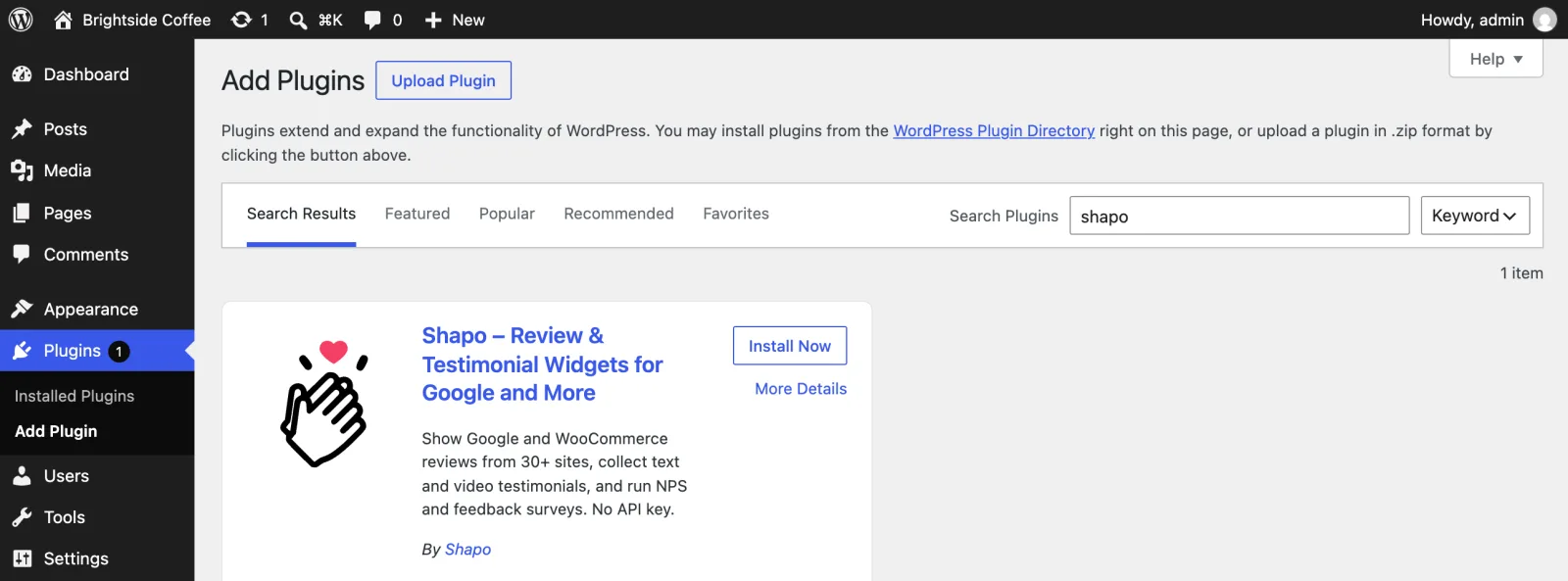 The WordPress Add Plugins screen with Shapo found in a search for shapo, showing the Install Now button