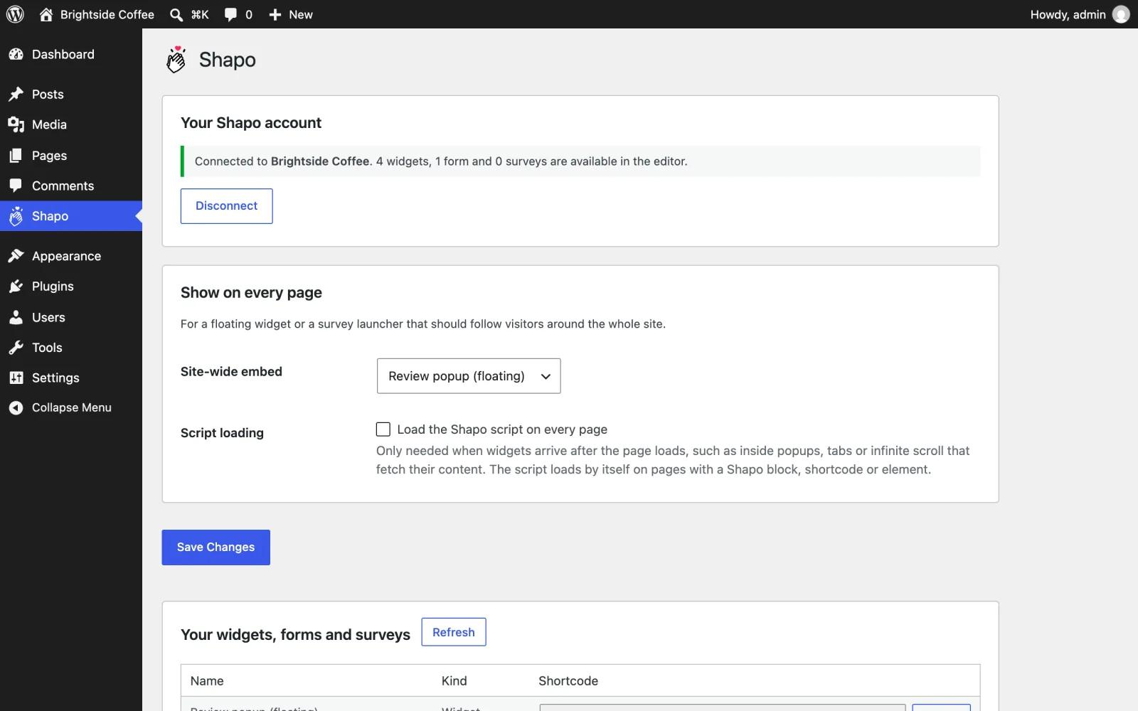 The Shapo settings page in WordPress showing a connected account with 4 widgets, 1 form and 0 surveys, and a site-wide embed set to a review popup