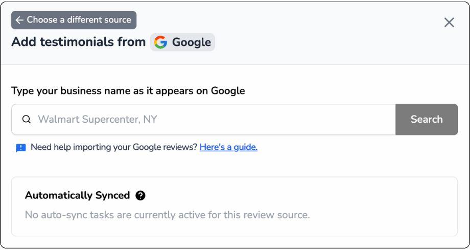 A form titled "Add testimonials from Google" is displayed. It prompts users to type their business name, with a search button available. A note offers a guide for importing Google reviews to display in your review widget on your website. The section indicates Google reviews can be automatically synced.